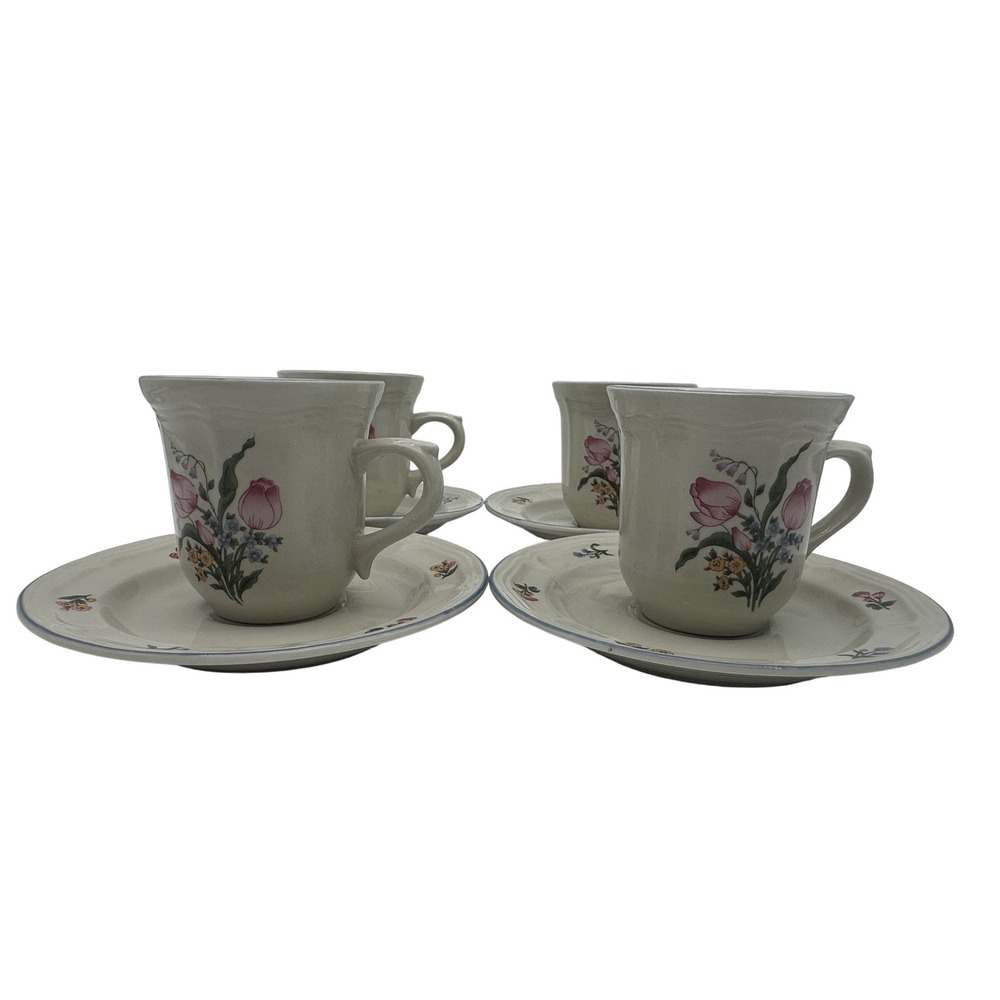 Gibson Tivoli Lafayette Cup and Saucer Set Floral Stoneware Pink Tulip 8pc